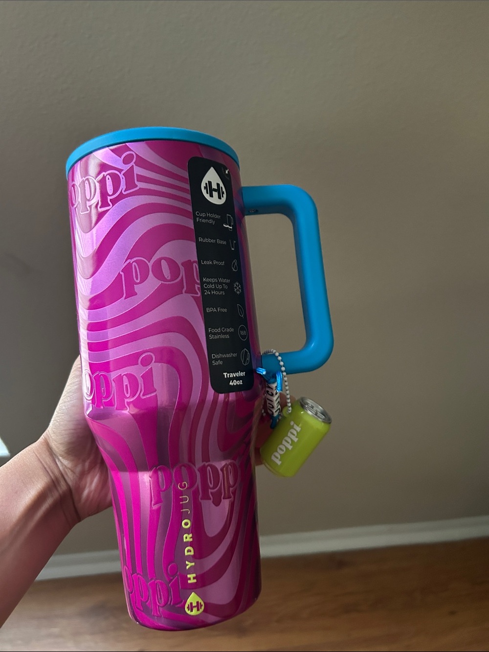 HydroJug Pink Swirl Poppi tumbler with Blue Handle